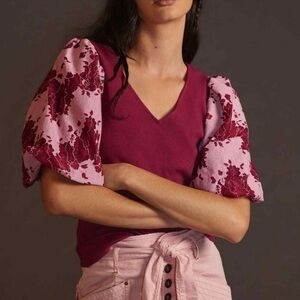 Anthropologie Dolan Wine Pink Lace Puff Sleeve Ribbed Top Blouse Contemporary
